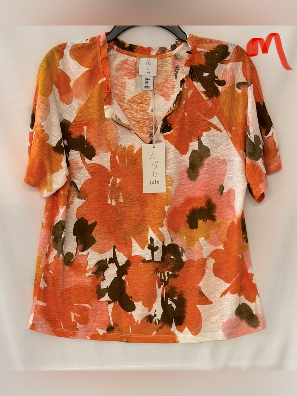 Joie Orange Floral Short Sleeve V-Neck Tee